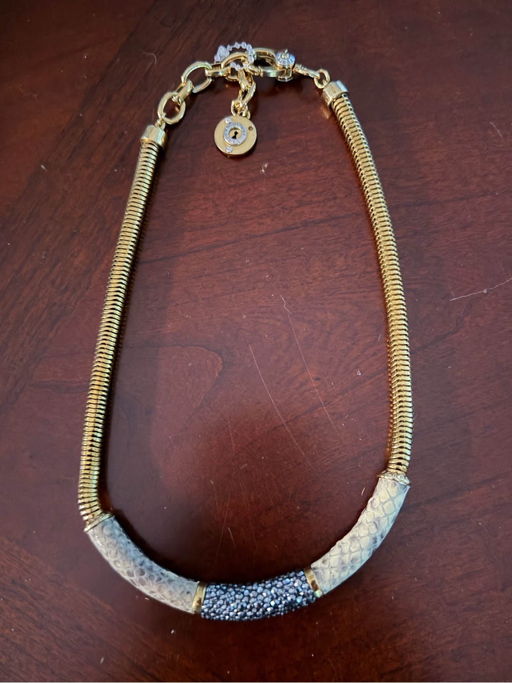 Vintage Henri Bendel Statement Necklace Gold & Embossed Snakeskin Pave Crystals